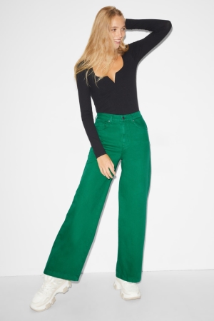 Pantalons C&A Clockhouse Larges Leg High Taille Femme Bleu Vert | BC4791082