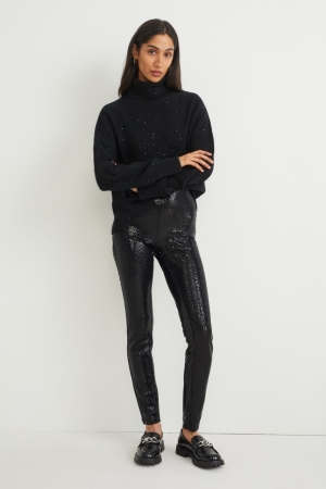 Pantalons C&A Cloth High Taille Mince Fit Shiny Femme Noir | EH6254817