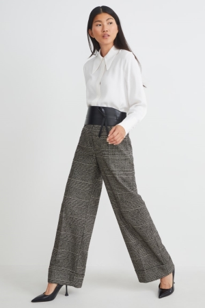 Pantalons C&A Cloth High-rise Taille Larges Leg Check Femme Noir Grise | RP2853479
