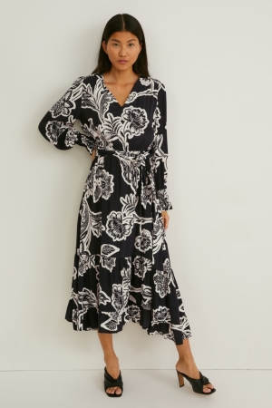 Peignoir C&A Fit & Flare Lenzing™ Ecovero™ Floral Femme Noir Blanche | HE8547290