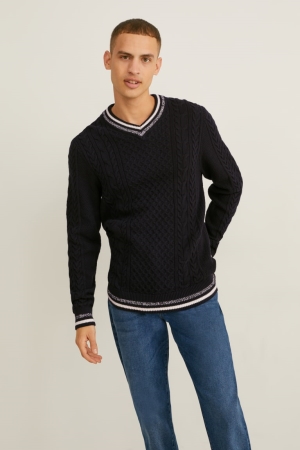 Pulls C&A Cable Knit Pattern Homme Bleu Foncé | CN6527890