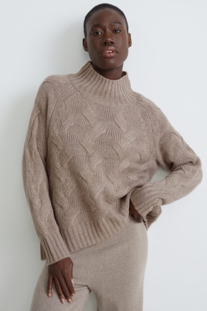 Pulls C&A Cashmere Cable Knit Pattern Femme Grise Marron | NY7465109