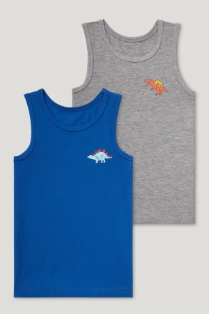 Sous Vêtement C&A Multipack Of 2 Dinosaur Vest Organic Coton Garcon Bleu Foncé Grise | MG1258437