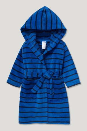 Sous Vêtement C&A Terry Cloth Bathrobe With Hood Organic Coton Rayé Garcon Bleu Foncé | NY3287941