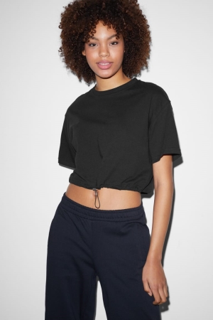 T Shirts C&A Clockhouse Cropped Femme Noir | XI7326485