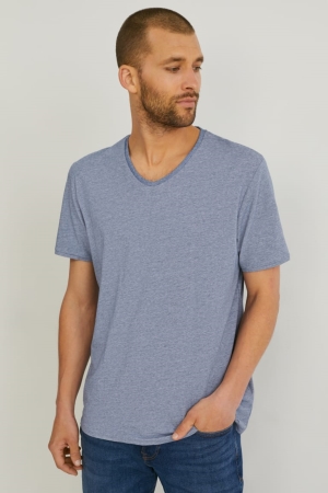 T Shirts C&A Flex Organic Coton Lycra®- Rayé Homme Bleu | VT0769523
