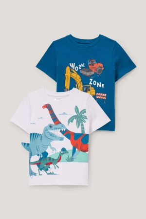 T Shirts C&A Multipack Of 2 Dinosaur And Digger Sleeve Garcon Bleu Blanche | DO3471629