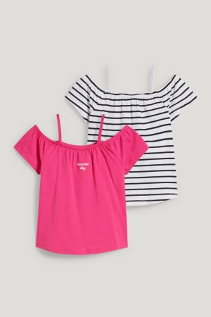 T Shirts C&A Multipack Of 2 Sleeve In-conversion Coton Fille Rose | LZ5278349