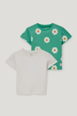 T Shirts C&A Multipack Of 2 Sleeve In-conversion Coton Fille Blanche Vert | SV3160784