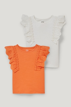 T Shirts C&A Multipack Of 2 Sleeve With In-conversion Coton Fille Orange | TE1903574