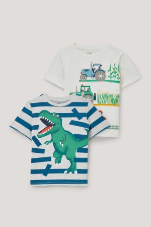 T Shirts C&A Multipack Of 2 Tractor And Dinosaur Sleeve Garcon Blanche | NA8153927