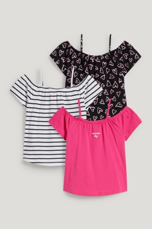 T Shirts C&A Multipack Of 3 Sleeve In-conversion Coton Fille Rose | UH0764832