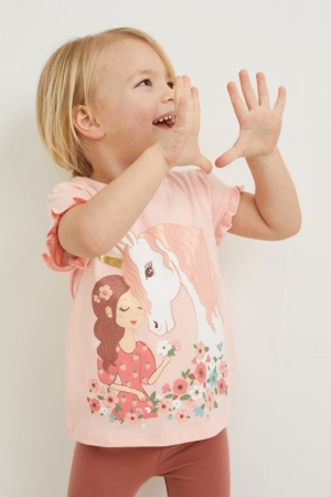 T Shirts C&A Multipack Of 3 Sleeve With In-conversion Coton Fille Rose | IQ7594813