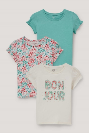 T Shirts C&A Multipack Of 3 Sleeve With In-conversion Coton Fille Blanche | SN4295683