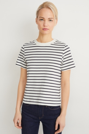 T Shirts C&A Organic Coton Rayé Femme Bleu Foncé Blanche | RH4632805