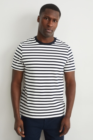 T Shirts C&A Organic Coton Rayé Homme Bleu Foncé Blanche | FB1267890