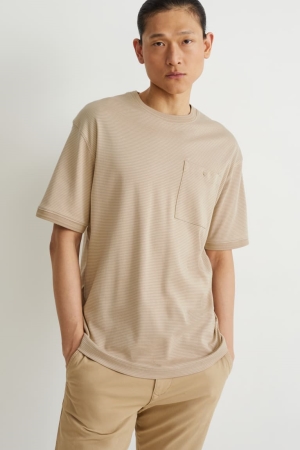 T Shirts C&A Pima Coton Rayé Homme Beige | NQ2837941