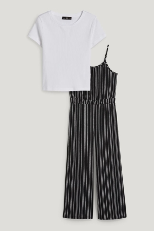T Shirts C&A Set And Sleeve 2 Piece Fille Noir Blanche | ZQ9736251