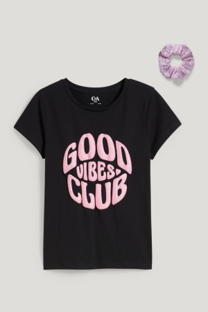 T Shirts C&A Set Sleeve And Scrunchie In-conversion Coton Fille Noir | LM9501463