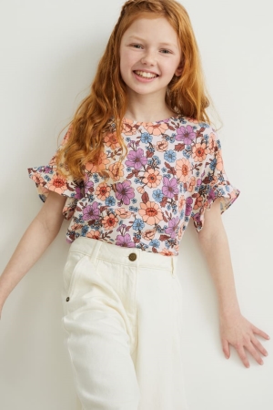 T Shirts C&A Sleeve Floral Fille Blanche | SN7390615