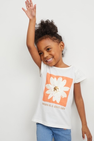 T Shirts C&A Sleeve In-conversion Coton Fille Blanche | JC9164230