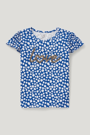 T Shirts C&A Sleeve In-conversion Coton Floral Fille Bleu | LE3108925