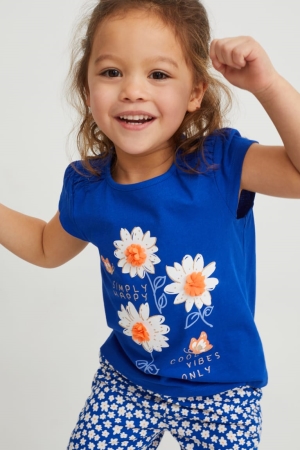 T Shirts C&A Sleeve In-conversion Coton Fille Bleu Foncé | MW7194026