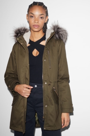 Vestes C&A Clockhouse Parka With Hood And Faux Fur Trim D'hiver Femme Vert Foncé | AX7358920