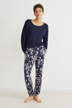 Vêtement De Nuit C&A Pyjamas Floral Femme Bleu Foncé | EF0679812