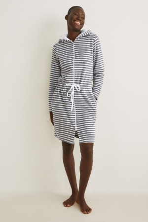 Vêtement De Nuit C&A Terry Cloth Bathrobe With Hood Rayé Femme Blanche Grise | YP5768302